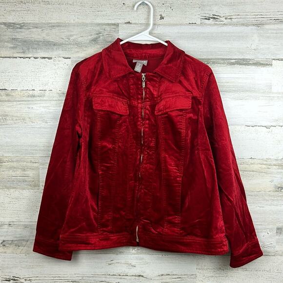 Chico's womens medium red cotton velvet long sleeve jacket coat zip pocket lined - Picture 1 of 8